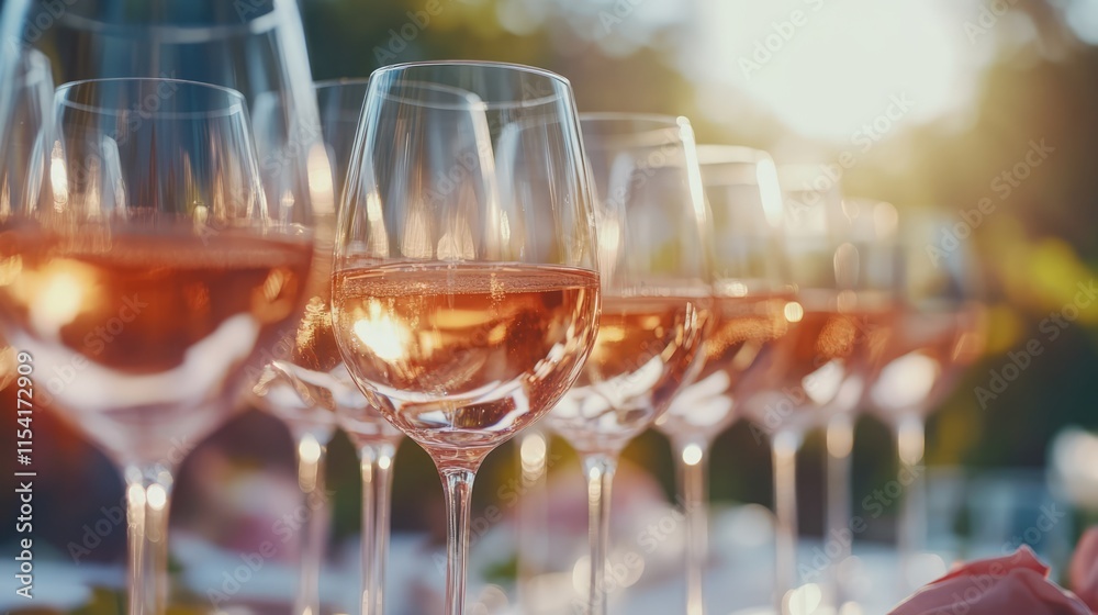 Elegant row of rose wine glasses set for a festive gathering with warm sunlight creating a joyful and inviting atmosphere. Elegant row of rose wine glasses set for a festive gathering with warm sunlight creating a joyful and inviting atmosphere.