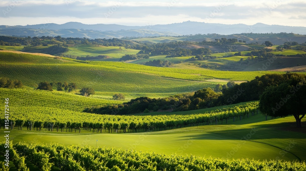 Fototapeta premium An elegant golf course amidst rolling hills and vineyards, Golf clubs ready for a round, Vineyard elegance style