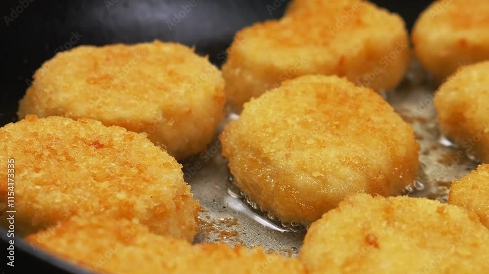 Chicken nuggets are fried in a frying pan in boiling oil close-up Chicken nuggets are fried in a frying pan in boiling oil close-up
