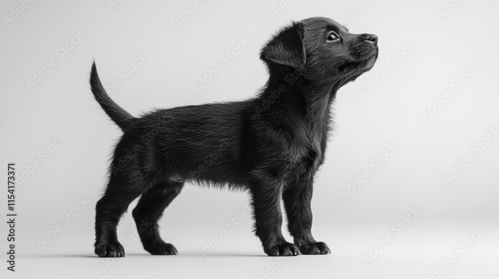Adorable black puppy in profile view standing against a clean white background showcasing its charm and playful nature. Adorable black puppy in profile view standing against a clean white background showcasing its charm and playful nature.