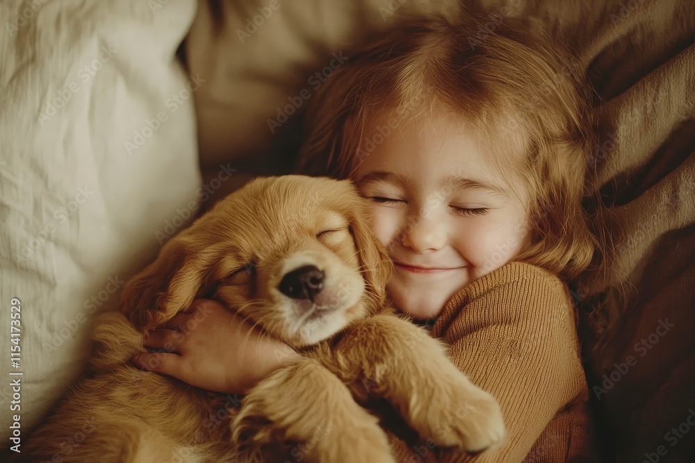 Child hugging a puppy with pure happiness. Child hugging a puppy with pure happiness.