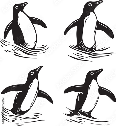 Penguins Stylized Silhouette Set Vector Illustration Graphic