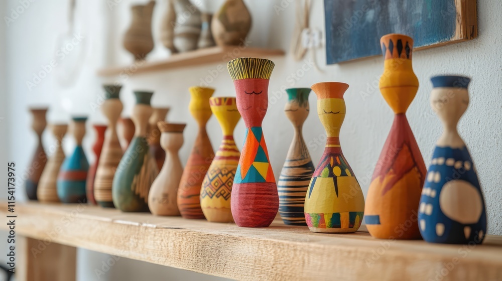 Colorful Hand Crafted Painted Wooden Figures Displayed on Shelf Showcasing Artistic Creativity and Unique Design Elements in Home Decor Colorful Hand Crafted Painted Wooden Figures Displayed on Shelf Showcasing Artistic Creativity and Unique Design Elements in Home Decor
