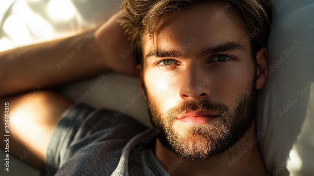 Stylish male model relaxing in natural light with a calm and thoughtful expression on a cozy bed setting. Stylish male model relaxing in natural light with a calm and thoughtful expression on a cozy bed setting.