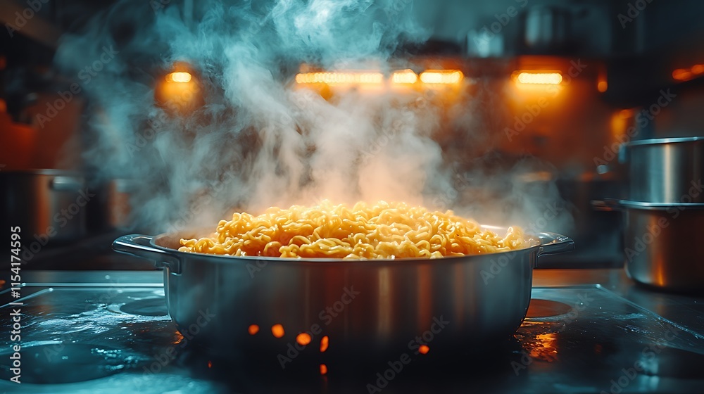 Steaming Noodles Cooking In A Metal Pot Steaming Noodles Cooking In A Metal Pot