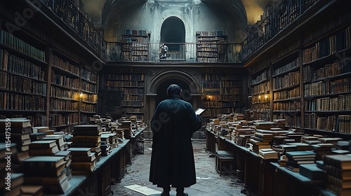 Man Reading in a Grand Old Library Filled With Books