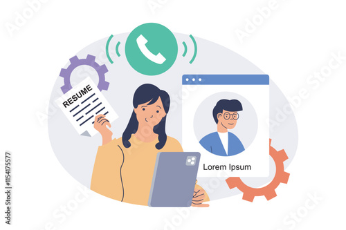 Online job interview web concept with flat cartoon people for website design. Woman working as HR, searching new employees, selecting cv, interviewing candidates by video call. Vector illustration.