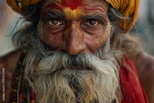 Portrait of a sadhu with tilak mark on his forehead, wearing a turban and showing his long beard photo