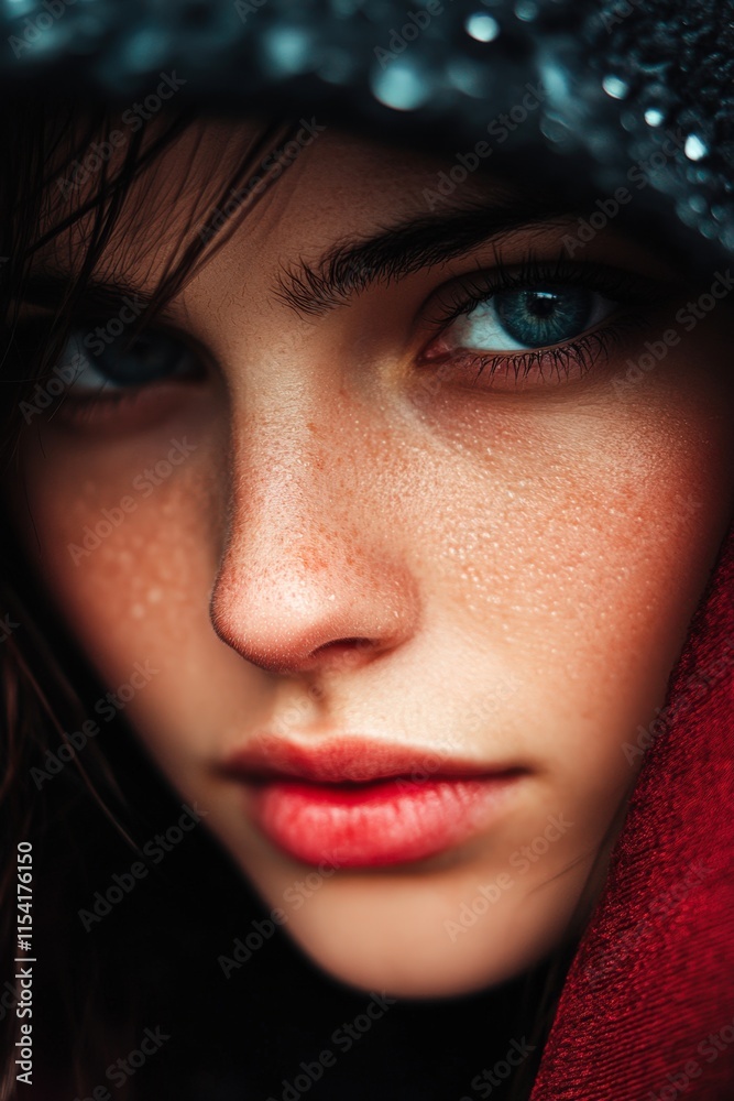 Close-up of a woman's face with striking blue eyes and dewy skin, partially covered by a hood, This image conveys emotion and can be used in beauty, fashion, or personal expression themes, Close-up of a woman's face with striking blue eyes and dewy skin, partially covered by a hood, This image conveys emotion and can be used in beauty, fashion, or personal expression themes,