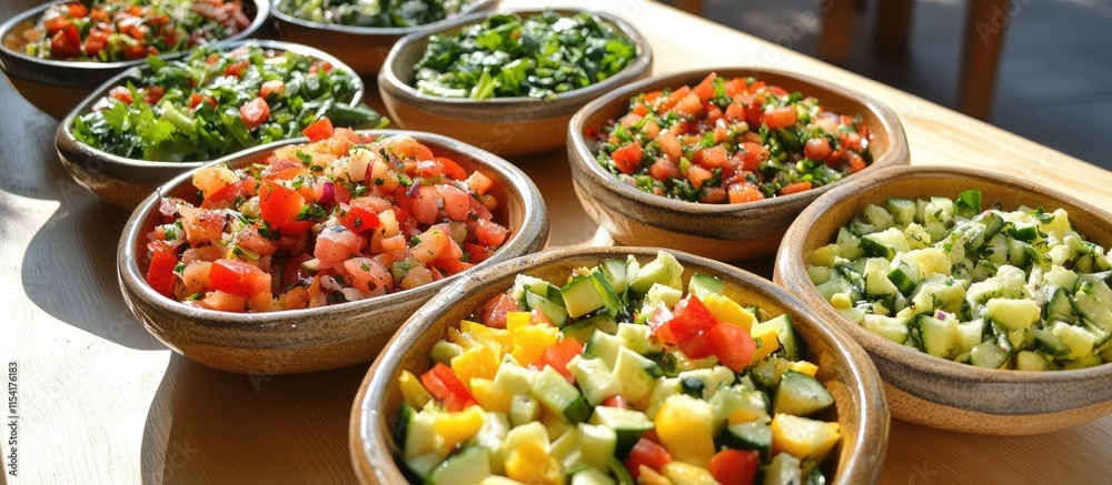 Fresh and colorful summer salads served in bowls perfect for healthy lunches on bright sunny days Fresh and colorful summer salads served in bowls perfect for healthy lunches on bright sunny days