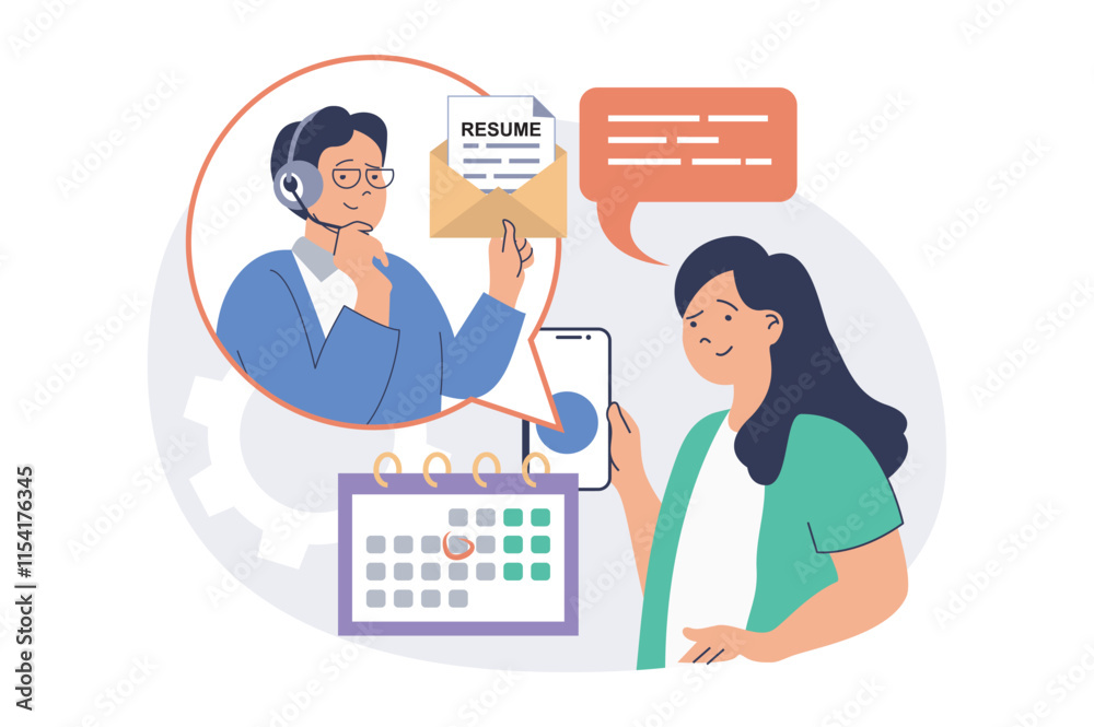 Online job interview web concept with flat cartoon people for website design. Man working as HR, interviewing candidates by video call, searching new employees, setting meeting. Vector illustration. Online job interview web concept with flat cartoon people for website design. Man working as HR, interviewing candidates by video call, searching new employees, setting meeting. Vector illustration.