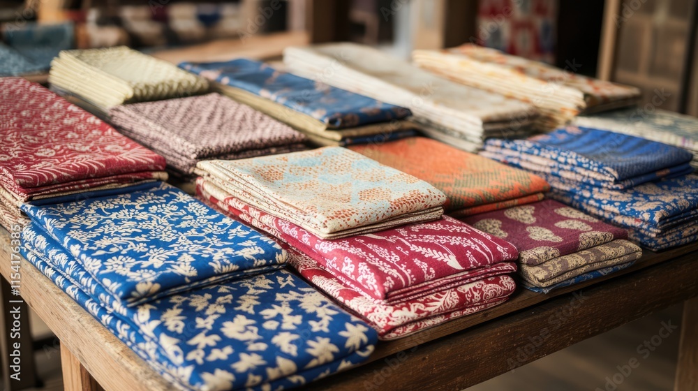 Colorful collection of folded cotton cloths with intricate motifs displayed on a wooden table in a textile shop showcasing textile art. Colorful collection of folded cotton cloths with intricate motifs displayed on a wooden table in a textile shop showcasing textile art.
