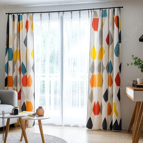 Bright geometric pattern curtains in modern living room, featuring vibrant colors like red, yellow, and blue. light filters through sheer fabric, creating cheerful atmosphere photo