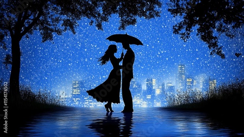 Silhouette couple embracing under umbrella in rain, city background.