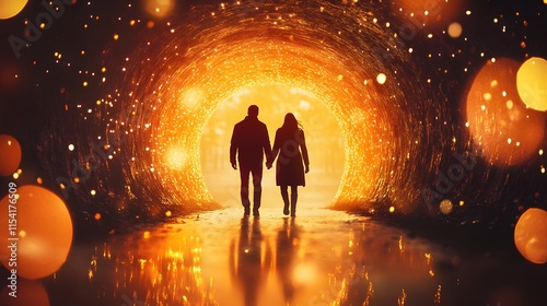 A couple holding hands walking through a glowing archway into a new year filled with promise