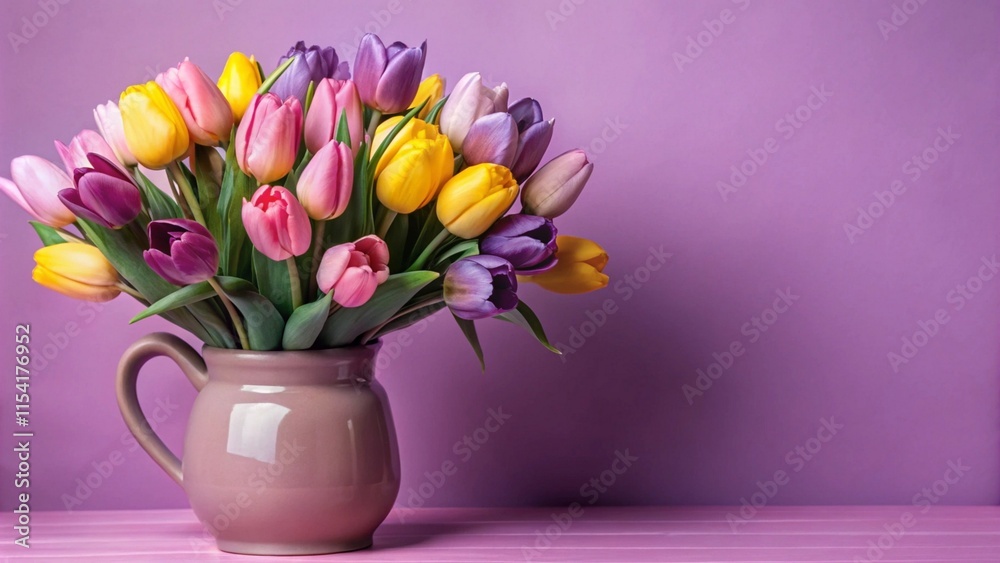 Three vibrant pink tulips in a textured white vase, set against a bright pink gradient background on a clean, minimalist surface. Three vibrant pink tulips in a textured white vase, set against a bright pink gradient background on a clean, minimalist surface.