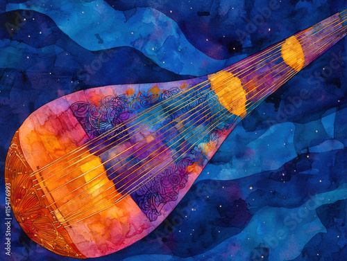vibrant watercolor painting of gourd resonator in space