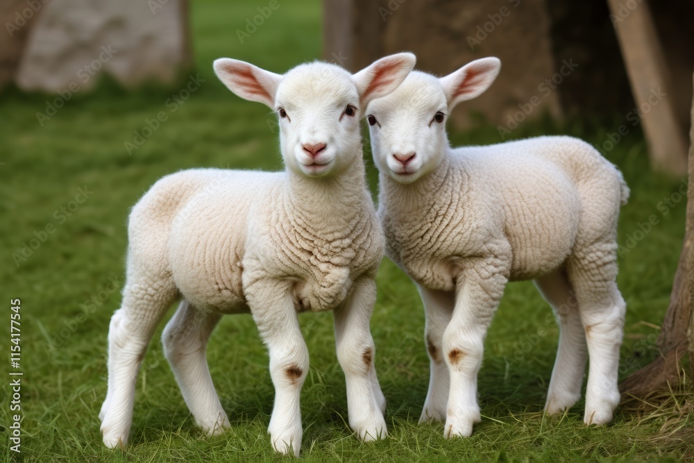 there are two lambs standing next to each other in the grass there are two lambs standing next to each other in the grass