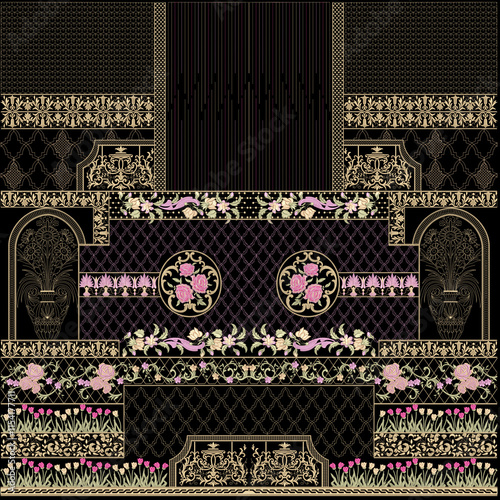 Isolated embroidery seamless daman border lace design with geometrical and decorative floral asian ornaments for trendy women wear artwork illustration.