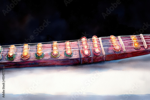 Watercolor painting of santoor with glowing intricate strings photo