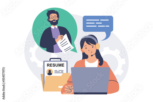 Online job interview web concept with flat cartoon people for website design. Woman talking with job candidate by video call, selecting best resume, searching office employees. Vector illustration.