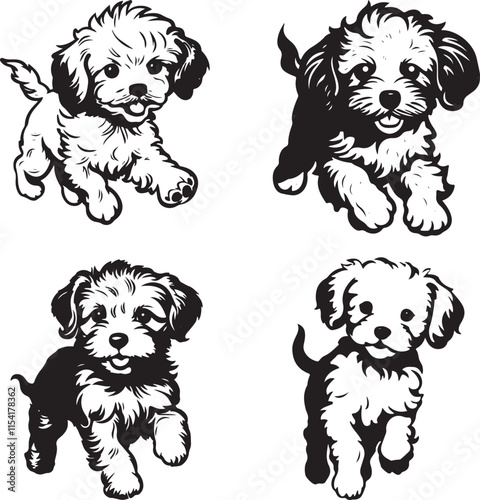 Poodle Dogs Running Stylized Set Vector Illustration Graphic