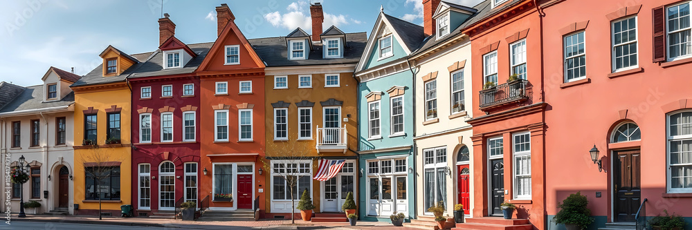 a row of row houses New England style. Long banner a row of row houses New England style. Long banner