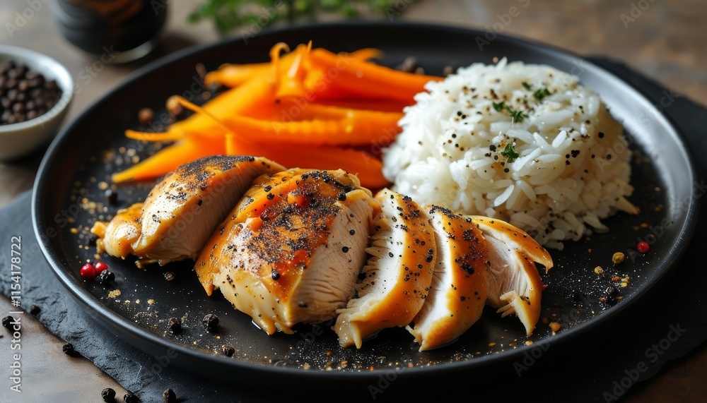 Juicy Black Pepper Chicken Platter Served with Rice and Carrots on Rustic Table