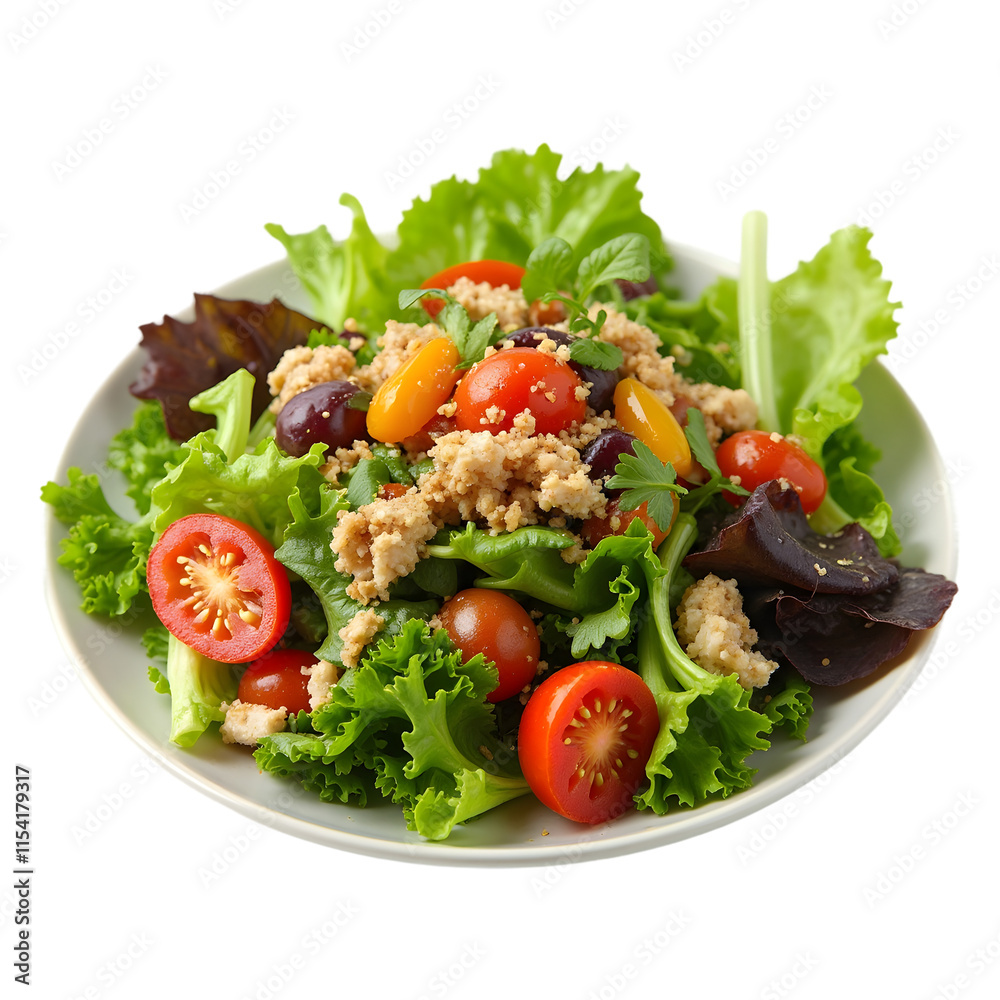 A colorful and appetizing salad of fresh mixed greens, juicy cherry tomatoes, olives and couscous, presented in a healthy and artistic arrangement on a white plate - transparent background. A colorful and appetizing salad of fresh mixed greens, juicy cherry tomatoes, olives and couscous, presented in a healthy and artistic arrangement on a white plate - transparent background.