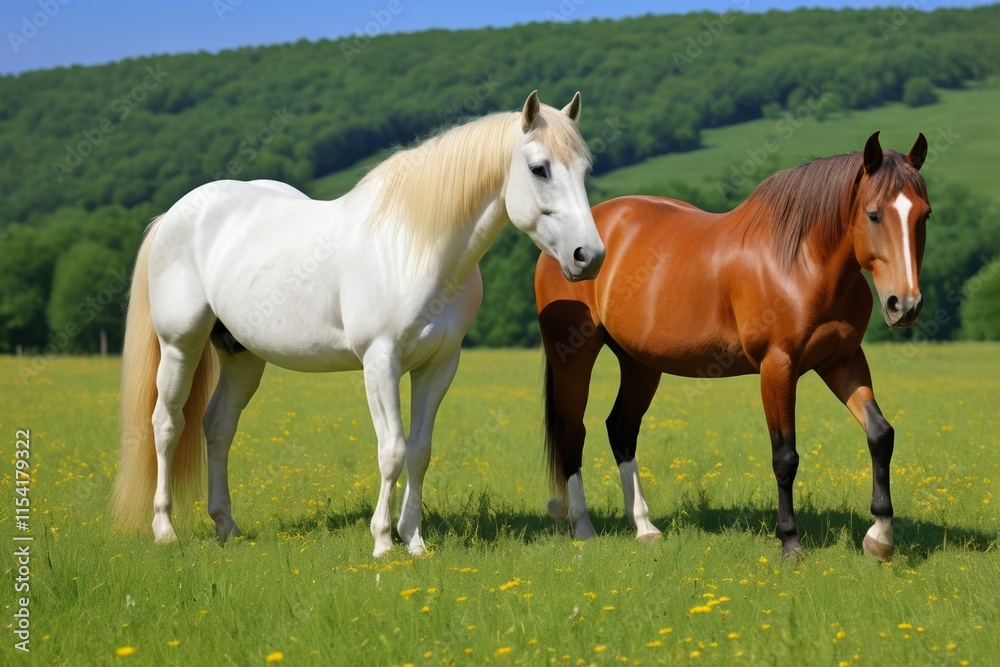 there are two horses standing in a field of grass with trees in the background there are two horses standing in a field of grass with trees in the background