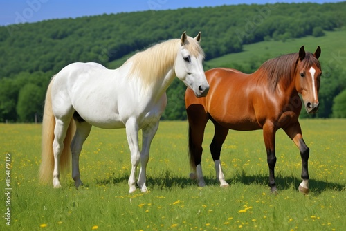 there are two horses standing in a field of grass with trees in the background