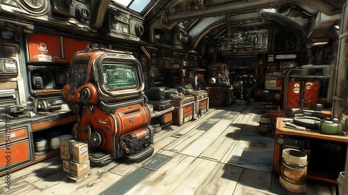 Fototapeta Naklejka Na Ścianę i Meble -  Rusty, cluttered spaceship workshop interior.