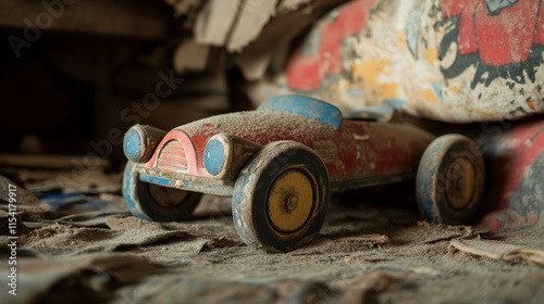 Vintage toy car covered in dust in an abandoned room setting photo