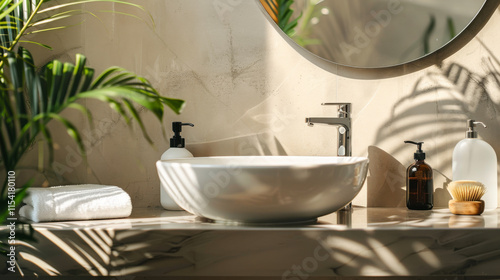 Bathroom vanity with tropical plants and natural sunlight