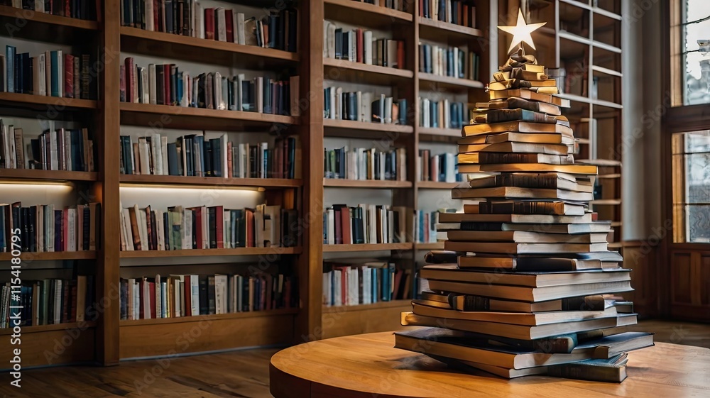 Christmas tree made of books in a macro shot, creative decor for New Year and Christmas, an unusual gift for book lovers. Christmas tree made of books in a macro shot, creative decor for New Year and Christmas, an unusual gift for book lovers.