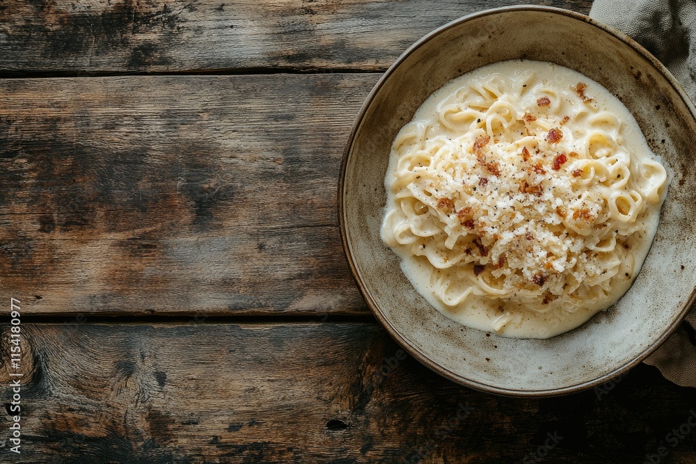 Creamy pasta dish with parmesan cheese and crispy bacon bits served in a rustic bowl on a wooden table. Creamy pasta dish with parmesan cheese and crispy bacon bits served in a rustic bowl on a wooden table.
