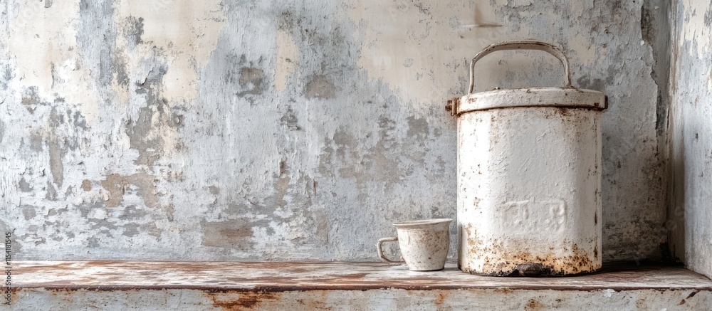 Rustic white cast iron container and cup on a weathered shelf highlighting vintage home decor and nostalgic charm Rustic white cast iron container and cup on a weathered shelf highlighting vintage home decor and nostalgic charm