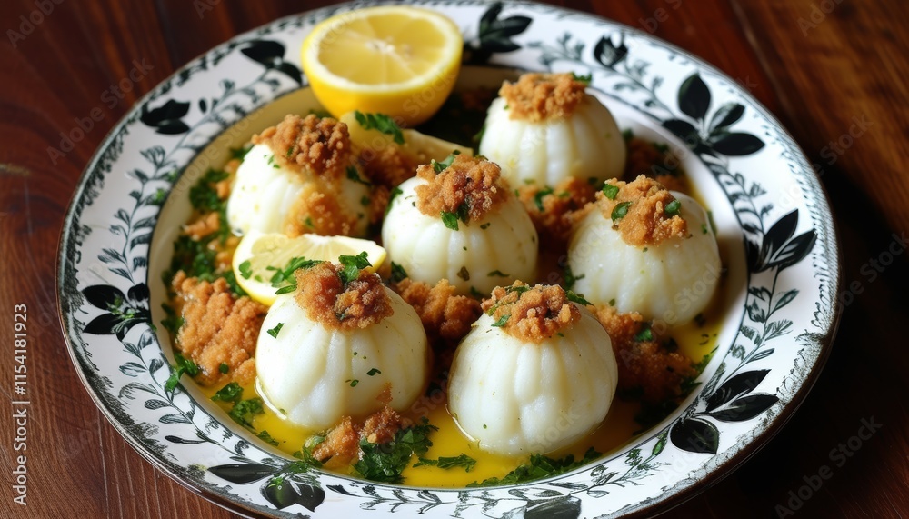 Delicious Cod Cakes on a Decorative Platter with Lemon and Fresh Herbs Delicious Cod Cakes on a Decorative Platter with Lemon and Fresh Herbs
