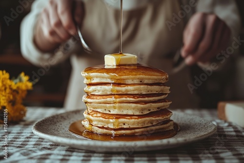 A stack of fluffy pancakes drenched in maple syrup and topped with butter. photo