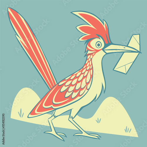 Whimsical illustration of a little roadrunner delivering a letter, great for children’s themes or playful designs involving animals and postal services.
