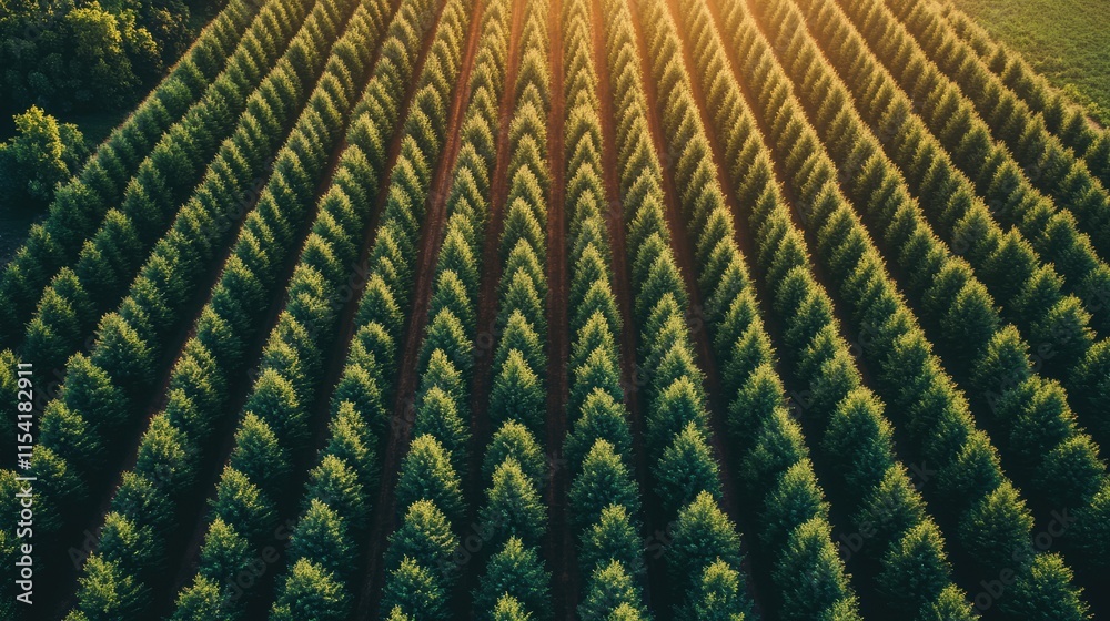 Aerial view of organized rows of lush evergreen trees in a serene tree farm during golden hour light Aerial view of organized rows of lush evergreen trees in a serene tree farm during golden hour light