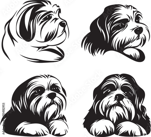 Shih Tzu Dogs resting Stylized Silhouette Set Vector Illustration Graphic