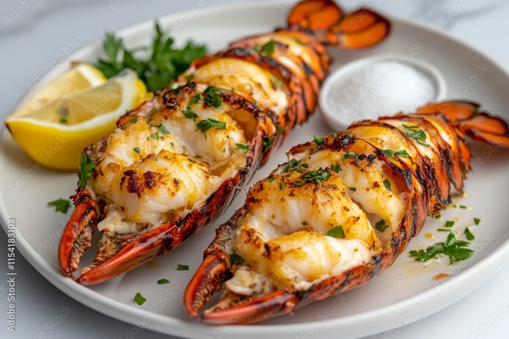 Grilled lobster with lemon and herbs served on a plate Grilled lobster with lemon and herbs served on a plate