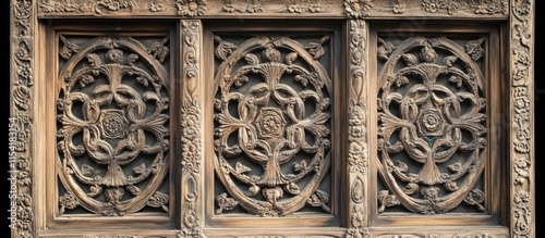 Rustic wooden window featuring intricate carvings in traditional style ideal for vintage home decor and interior design inspiration. photo