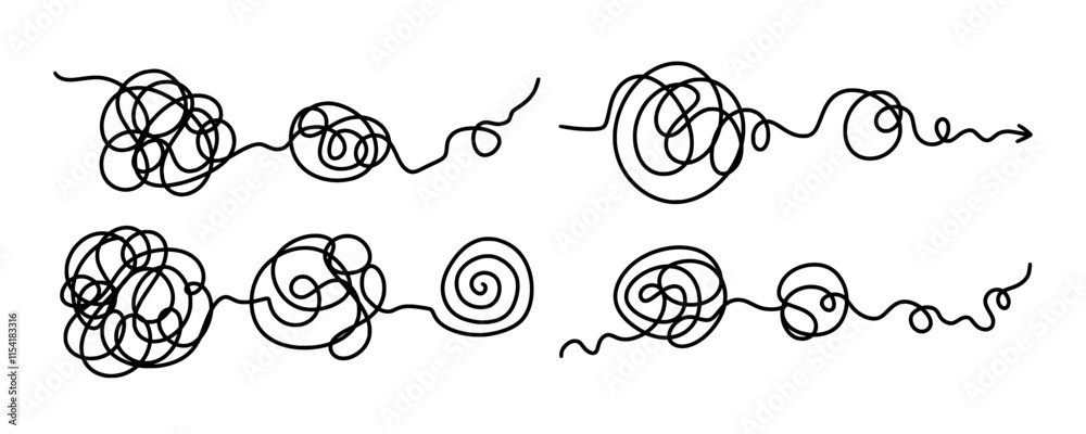 Fototapeta premium Set untangling lines, showcasing a continuous, flowing thread that twists and turns. Symbolizes complexity and movement. Tangled disorder turns into order line. Isolated unraveling line set.
