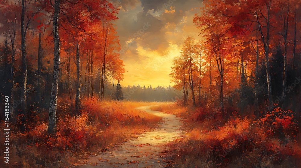 Autumnal path through vibrant red forest at sunset. Autumnal path through vibrant red forest at sunset.