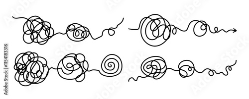 Set untangling lines, showcasing a continuous, flowing thread that twists and turns. Symbolizes complexity and movement. Tangled disorder turns into order line. Isolated unraveling line set.