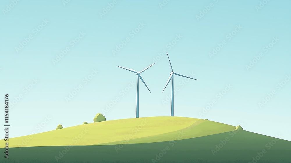 Obraz premium A minimalistic illustration of two wind turbines on a grassy hill under a clear blue sky