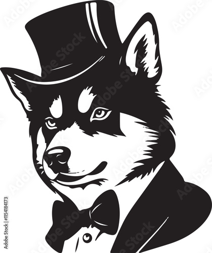 Siberian Husky with Top Hat Stylized Vector Illustration Graphic