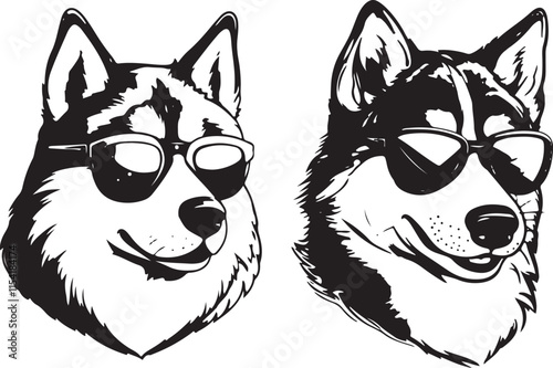 Siberian Husky with Sunglasses Stylized Vector Illustration Graphic